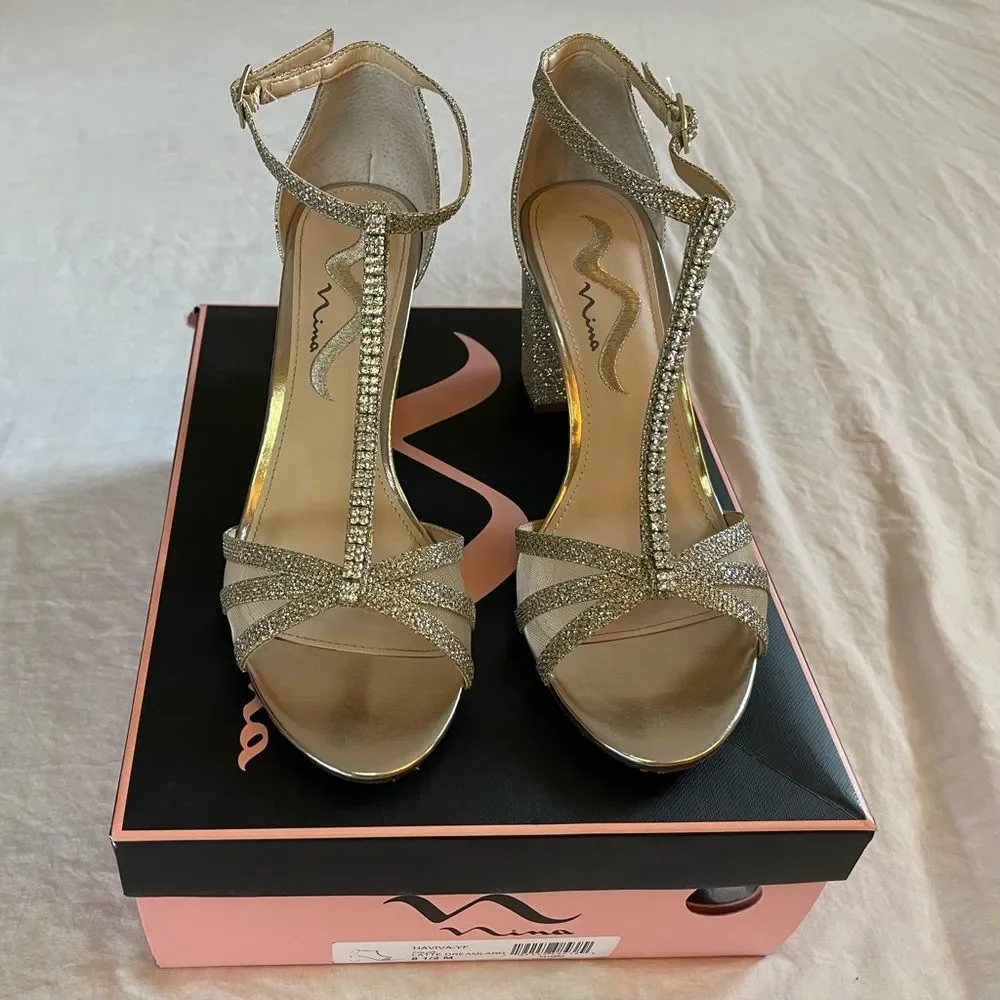 Nina Haviva Rhinestone T-Strap Heels | Gold | Size 8.5